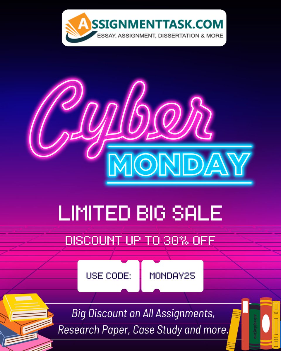 AssignmentTask's tweet image. 🚀 Cyber Monday Big Sale is LIVE!

Discounts up to 30% OFF 🔥

Visit at: tinyurl.com/ms42urfx

#cybermonday #assignmenthelp #studentdeals #limitedtimeoffer #cybermondaysale #studentlife #bigsavings #assignmenttask #cybermonday2025 #discountoffer #biggestsale #trendings