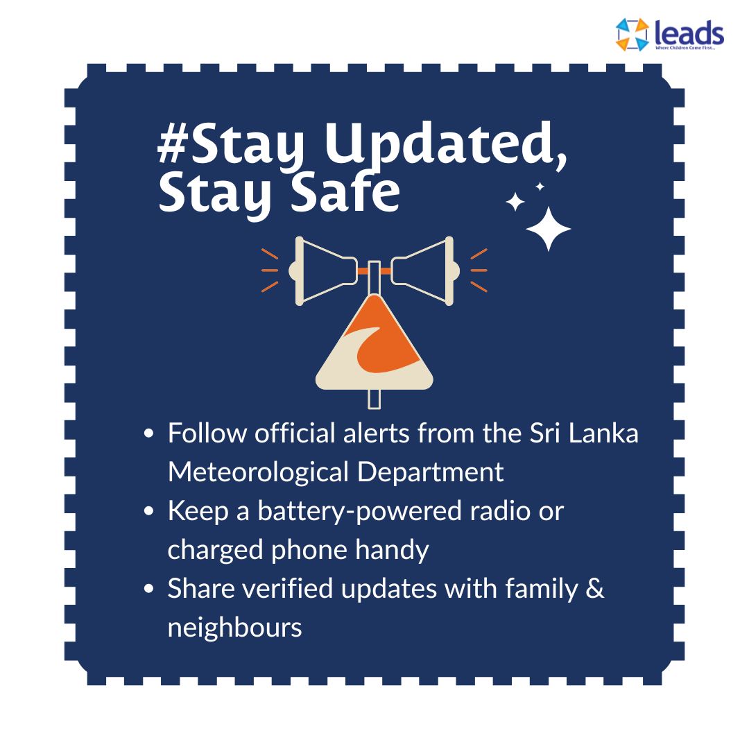 LEADSSriLanka's tweet image. Stay Alert, Stay Safe Sri Lanka
Cyclones can strike fast, your safety depends on preparation.

Follow official updates
Keep an emergency kit ready
Move quickly if evacuation is advised
Together, we can weather the storm.

#cyclone #srilanka #staysafe #preparedness