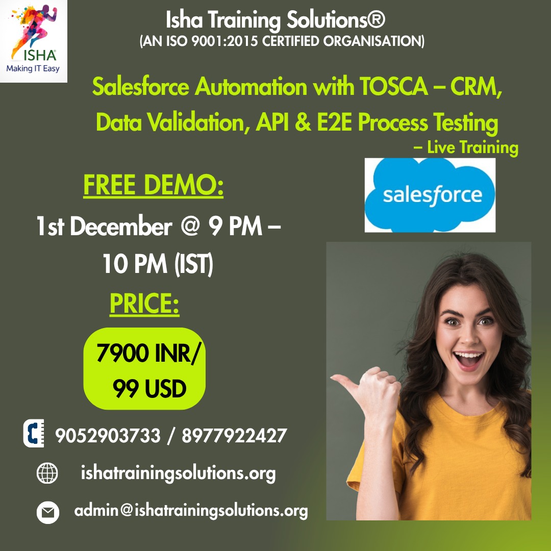 IshaKumargupta's tweet image. Isha Training Solutions presents “Salesforce Automation with TOSCA–Live Training.
Free Demo:1st Dec @ 9 PM (IST)/1st Dec @ 10:30AM (EST)
you can register by joining the below
docs.google.com/forms/d/e/1FAI…
pls call/WhatsApp @+91 9052903733/8977922427

 #Salesforce #SalesforceAutomation