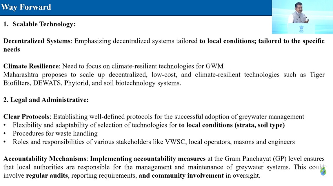 nwmgoi's tweet image. Shri Bapu Gopinathrao Pawar, MD, SBM-G, Maharashtra, outlines the way forward for greywater management: decentralized &amp;amp; climate-resilient technologies, clear GP-level protocols, capacity building for VWSCs/local operators, and strong IEC for community engagement.
#SujalamBharat