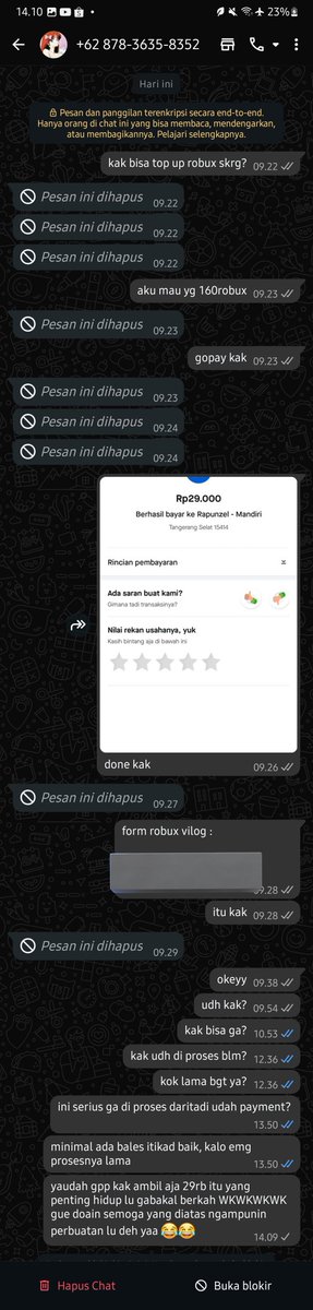 ___23archived's tweet photo. HATI HATI GUYS BUAT YANG MAU TOP UP ROBUX SAMA AKUN INI (@bscciwit ) GUE UDAH PAYMENT TAPI TERNYATA DI TIPUU TERUS MALAH DI UNSEND &amp; DI BLOCK!! 
#zonauang #robux #WTB https://t.co/VIWXLxamT8