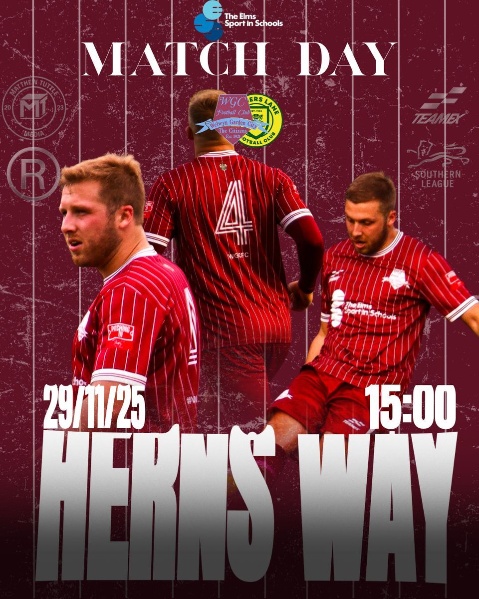WGCFC's tweet photo. 🏡⚔️| MATCH DAY

This afternoon we face @RaynersLaneFC for the second time this season after an earlier meeting this season resulting in a 2-1 win for the #CITIZENS!

🆚 @RaynersLaneFC
🗓️ 29/11/25
⌚️ 15:00
🏟️ Herns Way
📍 Welwyn Garden City, AL7 1TA
🎟️ £10 Adults, £5 Concessions, £3 u18-u13, u12 Free

#CITIZENS