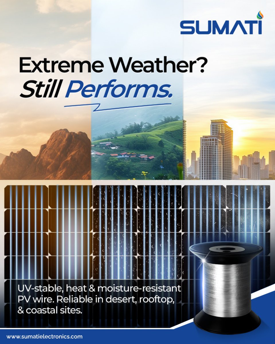 SumatiElec's tweet image. No matter the climate — desert heat, heavy rains or coastal moisture —
SUMATI PV Wire delivers consistent, reliable performance.

UV-stable • Heat-resistant • Moisture-protected
Built for rooftops, open fields &amp;amp; extreme sites.

🌐 sumatielectronics.com

#SumatiElectronics