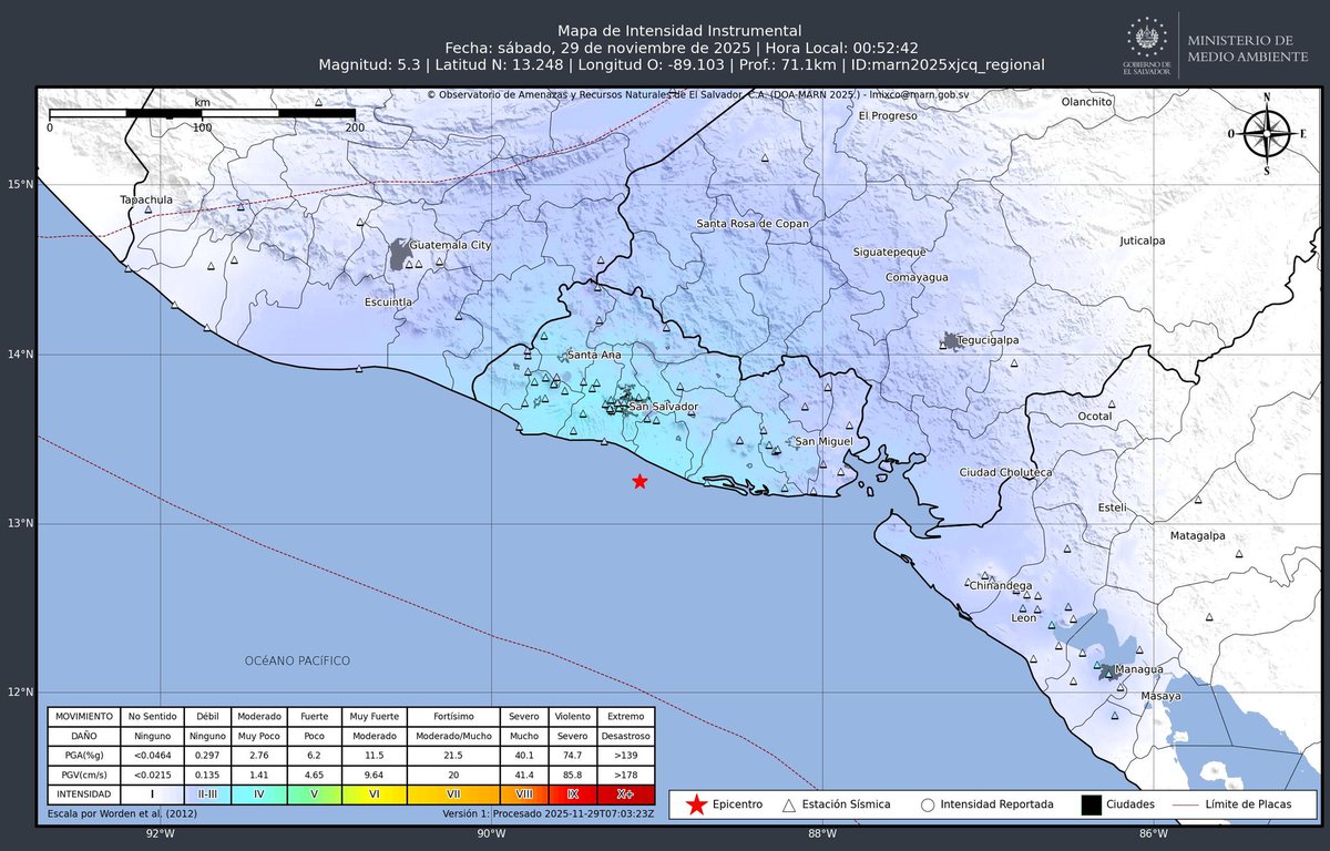 EnLaMiraNoti_SV's tweet photo. #Actualización| Según el mapa de intensidad instrumental, el fuerte #SismoSV sacudió a todo el territorio nacional:

– Sismo mag. 5.3, frente a costa de La Paz. A 14.0 km al suroeste de Playa Las Hojas. Prof. 71 km. [2025-11-29, 00:52:42] https://t.co/jsX2h3QfIU