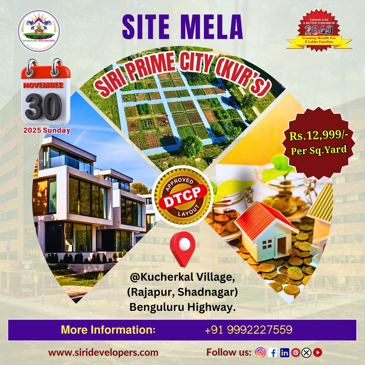 MahalaxmiSiri's tweet image. 🌟 SITE MELA @ SIRI PRIME CITY (KVR’s) 🌟
📍 Kucherkal Village, Rajapur – Shadnagar, Bengaluru Highway

Your Dream Plot Awaits at the Perfect Location! 
📞 Contact: 9992227559
      siridevelopers.com

#SiriPrimeCity #SiteMela #DTCPPlots #Shadnagar #BengaluruHighway