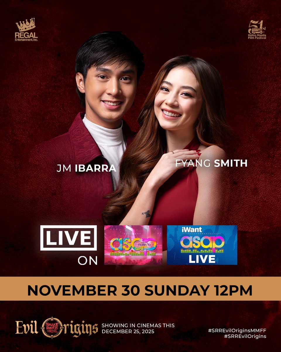 RegalFilms's tweet photo. CATCH THE STARS OF #SRREvilOriginsMMFF  LIVE!

From the ASAP stage to the SRR universe — JM Ibarra and Fyang Smith will deliver thrills, charisma, and a taste of the horror to come on the ASAP Stage!

See them unleash full terror in SRR Evil Origins this December 25.

 #MMFF51 https://t.co/vvBt3Sn19q