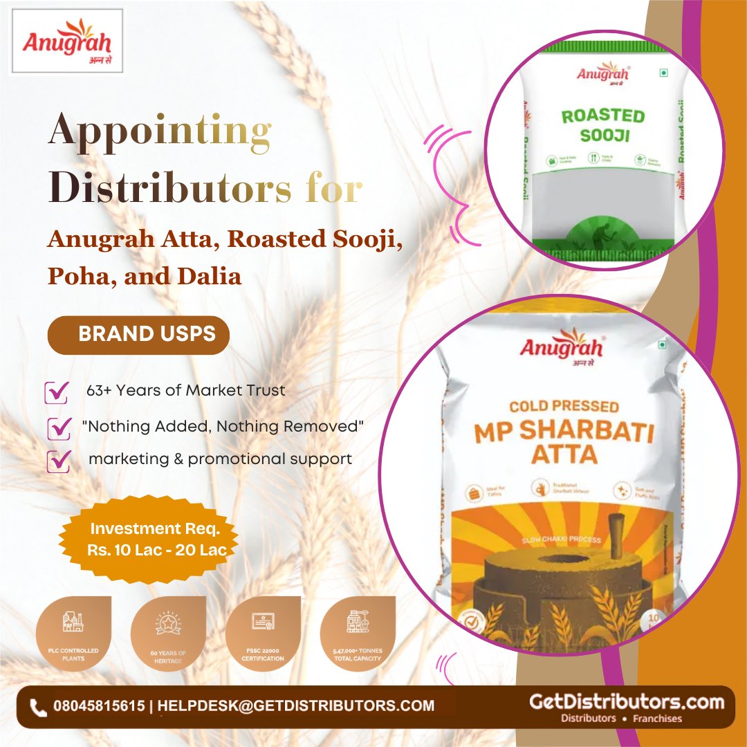 getdistributors's tweet image. Appointing #Distributors for Anugrah Atta, Roasted Sooji, Poha, and Dalia.
Brand 👉 #Anugrah
Details 👉 getdistributors.com/tiny/67409otywF

★Investment : ₹ 10 - 20 Lac
★Attractive Margins: 5-10%
✓Hurry to take #Distributorship !

#AmbeAgrofoodsPrivateLimited #Dealers #Wholesalers
