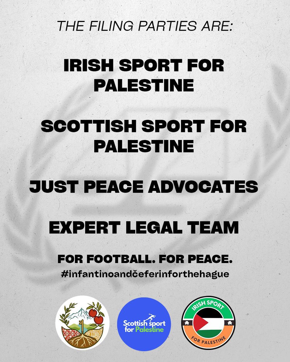 Sport4Palestine's tweet photo. Infantino and Čeferin accused of aiding war crimes and crimes against humanity in a filing to the international Criminal Court (ICC). This is the first time leaders of sport federations are being accused of these crimes. #infantinoandčeferinforthehague https://t.co/1r56Swl5rO