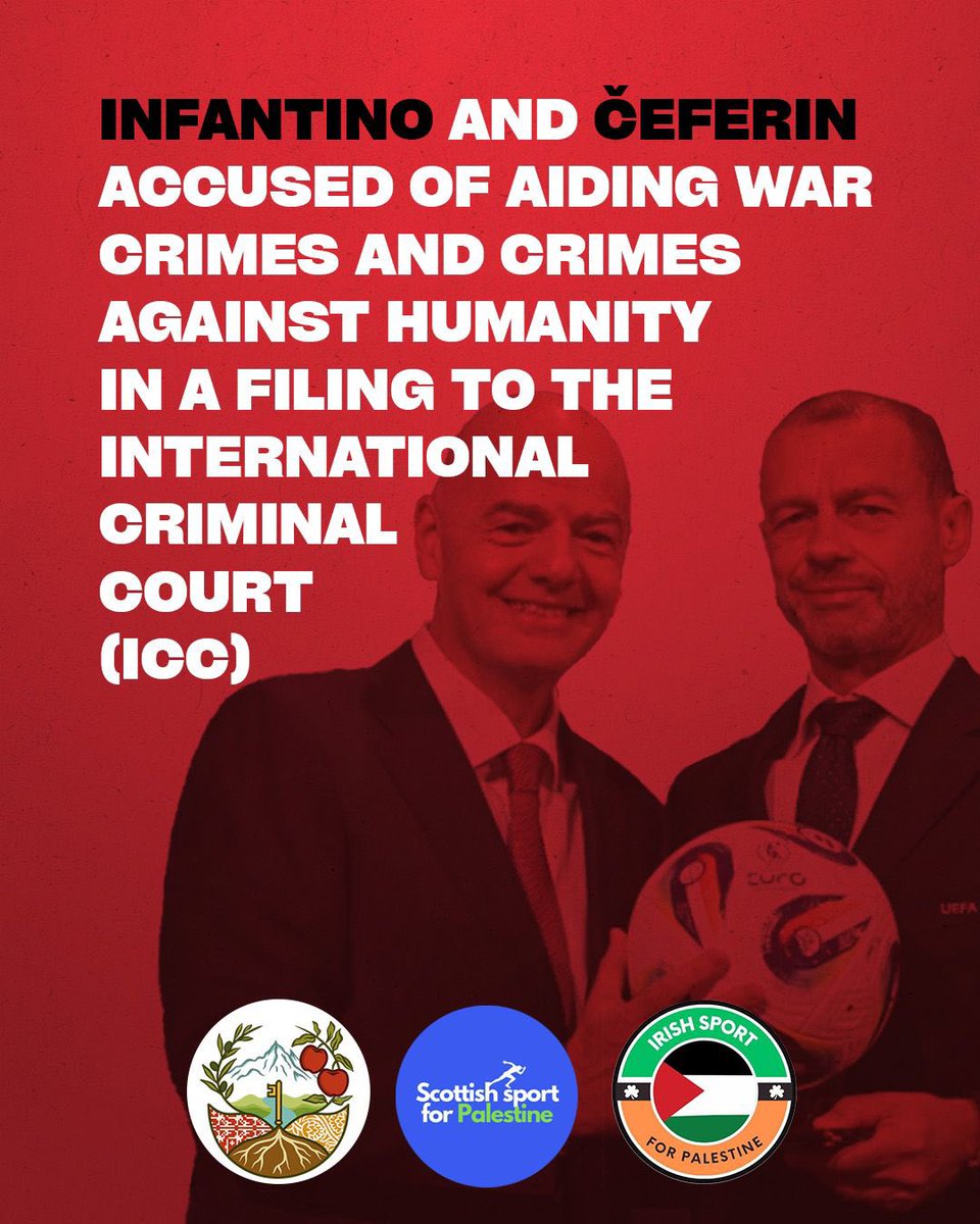 Sport4Palestine's tweet photo. Infantino and Čeferin accused of aiding war crimes and crimes against humanity in a filing to the international Criminal Court (ICC). This is the first time leaders of sport federations are being accused of these crimes. #infantinoandčeferinforthehague https://t.co/1r56Swl5rO