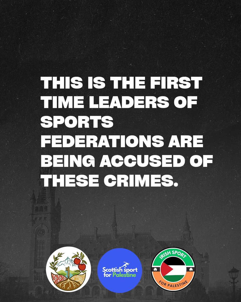 Sport4Palestine's tweet photo. Infantino and Čeferin accused of aiding war crimes and crimes against humanity in a filing to the international Criminal Court (ICC). This is the first time leaders of sport federations are being accused of these crimes. #infantinoandčeferinforthehague https://t.co/1r56Swl5rO