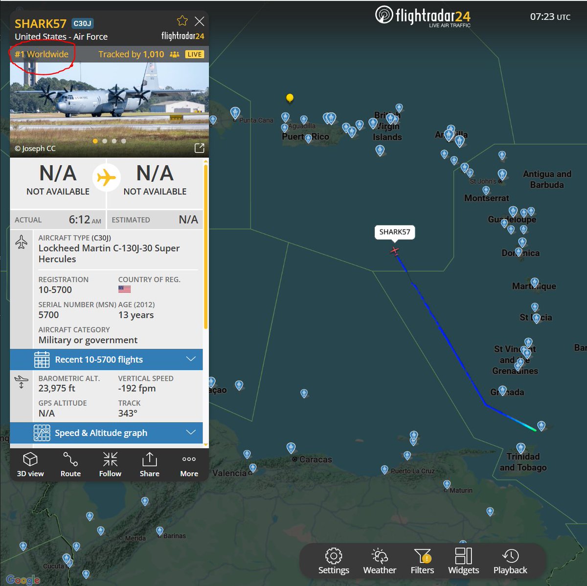 Flightwatcher1's tweet photo. #USAF C-130J-30 Super Hercules
Código de llamada: SHARK57
Matrícula: #ae4bdd
Desde MCAS Cherry Point 🇺🇸 con escala en Ceiba 🇵🇷,
luego rumbo a Tobago 🇹🇹.
Actualmente vuela hacia el noroeste y es el avión más seguido a nivel mundial...
#SOUTHCOM #TrinidadAndTobago #PuertoRico