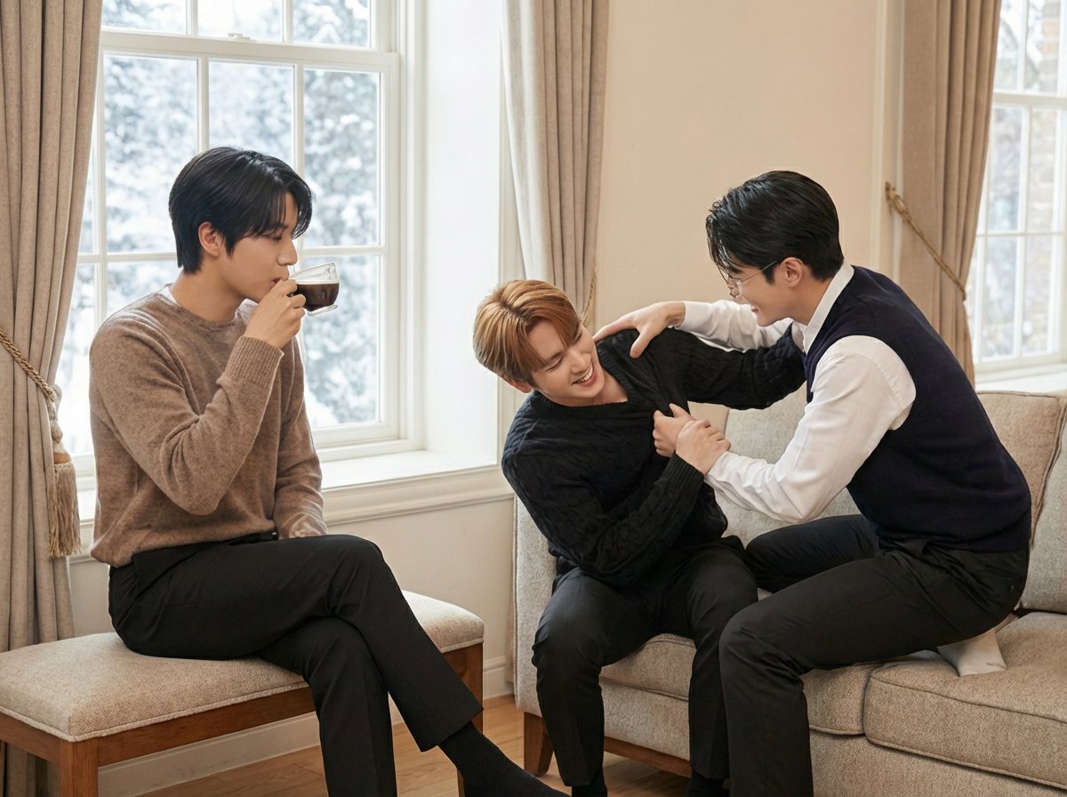 Aether_lab_'s tweet image. 【クリスマスビジュアル撮影の裏側】クリスマスビジュアルの撮影が終わった後、KAIとJUNがじゃれてました。（※ケンカではありません）RAYは超冷静。仲が良くてなによりです😊この状況は、いつものことみたい。
＃撮影の裏側 ＃オフショット