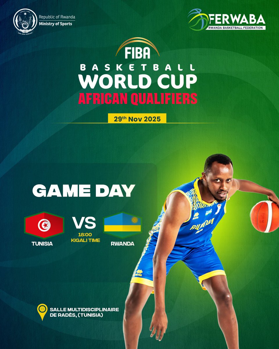 ferwabaRW's tweet photo. 🔥 GAME DAY!
Rwanda 🇷🇼 faces host Tunisia in Game 2 of the 2027 FIBA World Cup African Qualifiers-Window 1!
Tip-off: 18:00 (Kigali Time) 🕕
Let’s go Team Rwanda! 💪🏀
#fibawcq2027
#WinForRwanda 🇷🇼 https://t.co/9ptr5pvte0