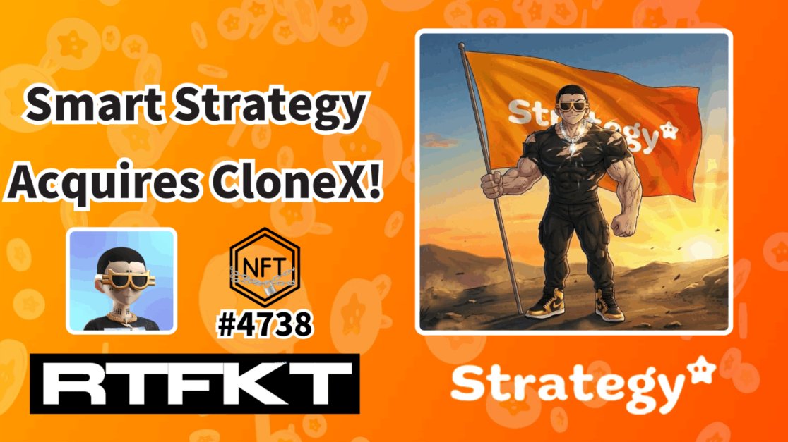 solutionteamjp's tweet image. 🚨 @smartstrategys has acquired CloneX #4738, partnering with @japandao 
They declared permanent holding, strengthening the vision of “On-Chain IP is eternal.”
A new era of IP = Cultural Asset is accelerating.
For full article: japandao-solution.com/smart-strategy…
#CloneX #SmartStrategy