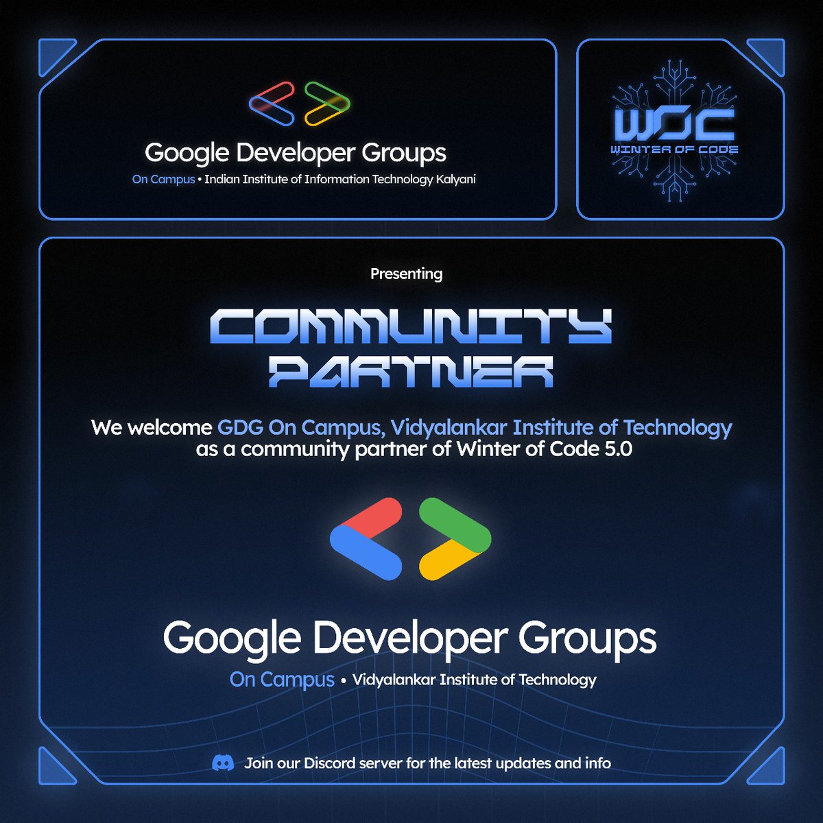 gdsciiitkalyani's tweet photo. We’re thrilled to announce GDG On Campus VIT, Mumbai as a Community Partner for Winter of Code 5.0 with GDG On Campus IIIT Kalyani❄️
Register now: https://t.co/6cawfiXXSO
Partner with us: https://t.co/IcOuiuKUU0
#WinterOfCode5 #GDGVIT #GDGOnCampus https://t.co/D2dgHjBwzf