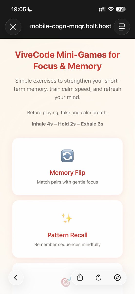 Critique2Create's tweet image. Try my super simple web game if your short term memory sucks:
vivecode-mobile-cogn-moqr.bolt.host
No email or anything required. Click and play.
(Chrome only* Btw yes vibecoded in a sec)
@boltdotnew