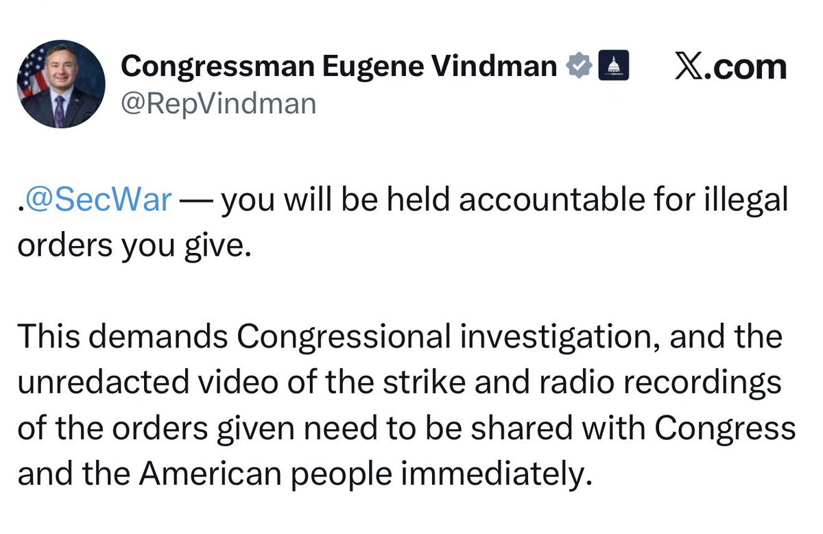 Congressman Eugene Vindman just demanded that Pete Hegseth be investigated for his war crimes and illegal orders. I couldn’t agree more. This is exactly what is needed.