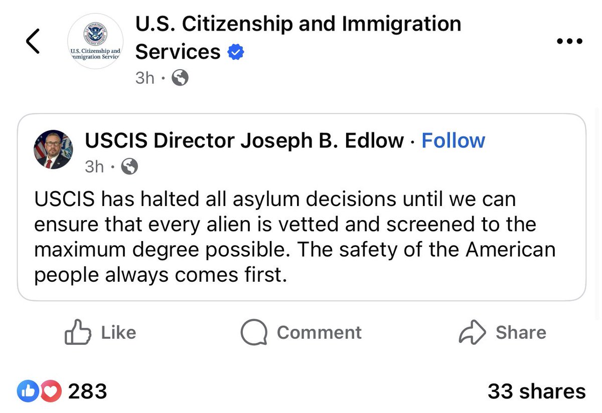 greencard1awyer's tweet image. BREAKING:
USCIS has paused all asylum decisions nationwide while the agency conducts intensified national-security vetting.

This means no asylum approvals will be issued until USCIS completes its review process.

#USCIS #AsylumUpdate #ImmigrationNews #LawFam #AKPokuLaw