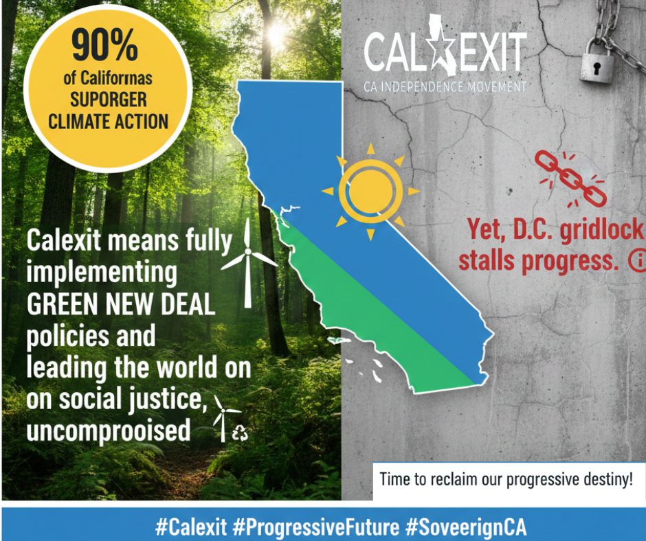 IslamIsla96229's tweet photo. 90% of Californians support stronger climate action. Yet, D.C. gridlock stalls progress.
Calexit means fully implementing GREEN NEW DEAL policies and leading the world on social justice, uncompromised. Time to reclaim our progressive destiny! #Calexit #ProgressiveFuture https://t.co/QjmIwxk1Xl