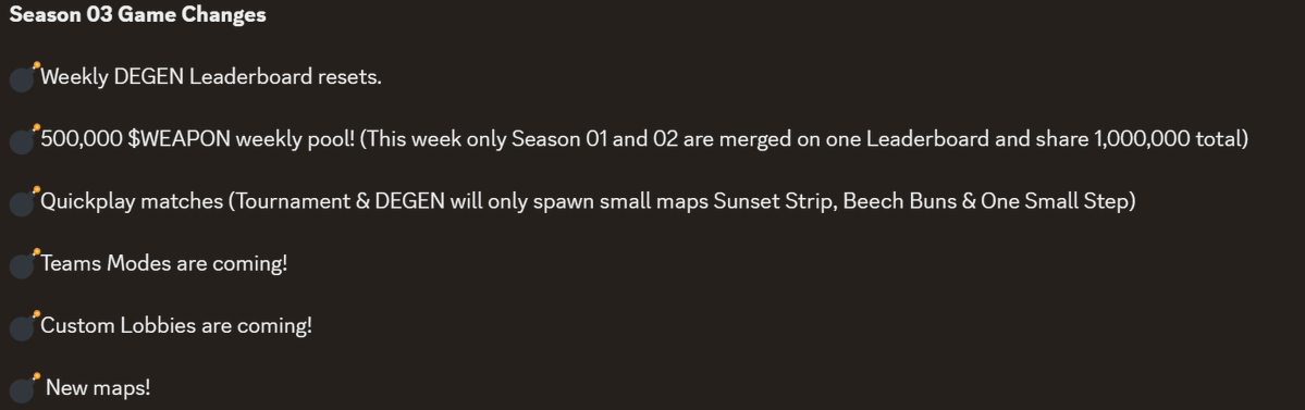 Lots of big changes coming to <a href="/_megaweapon_/">MEGAWEAPON</a> for Season 3.

Most looking forward to custom lobbies and team play. Also love the change to make DEGEN games always on small maps. Spawning into a big map felt like a loss from the start.

In the games I play versus other actual good