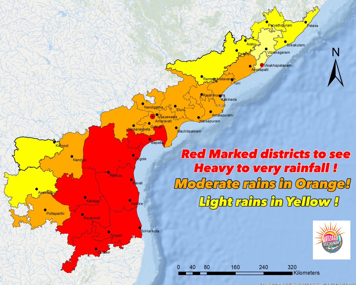 KiranWeatherman's tweet image. District wise Cyclone Ditwah impact on Andhra pradesh ( Nov 29 to Dec 02 )🌀

Red alert to South Coastal Andhra Pradesh ( 100 - 200mm ) possible in isolated areas ⛈️🌧️

Orange alert districts to see 50-100mm rainfall ⛈️

Yellow alert districts to see light rainfall ⛈️