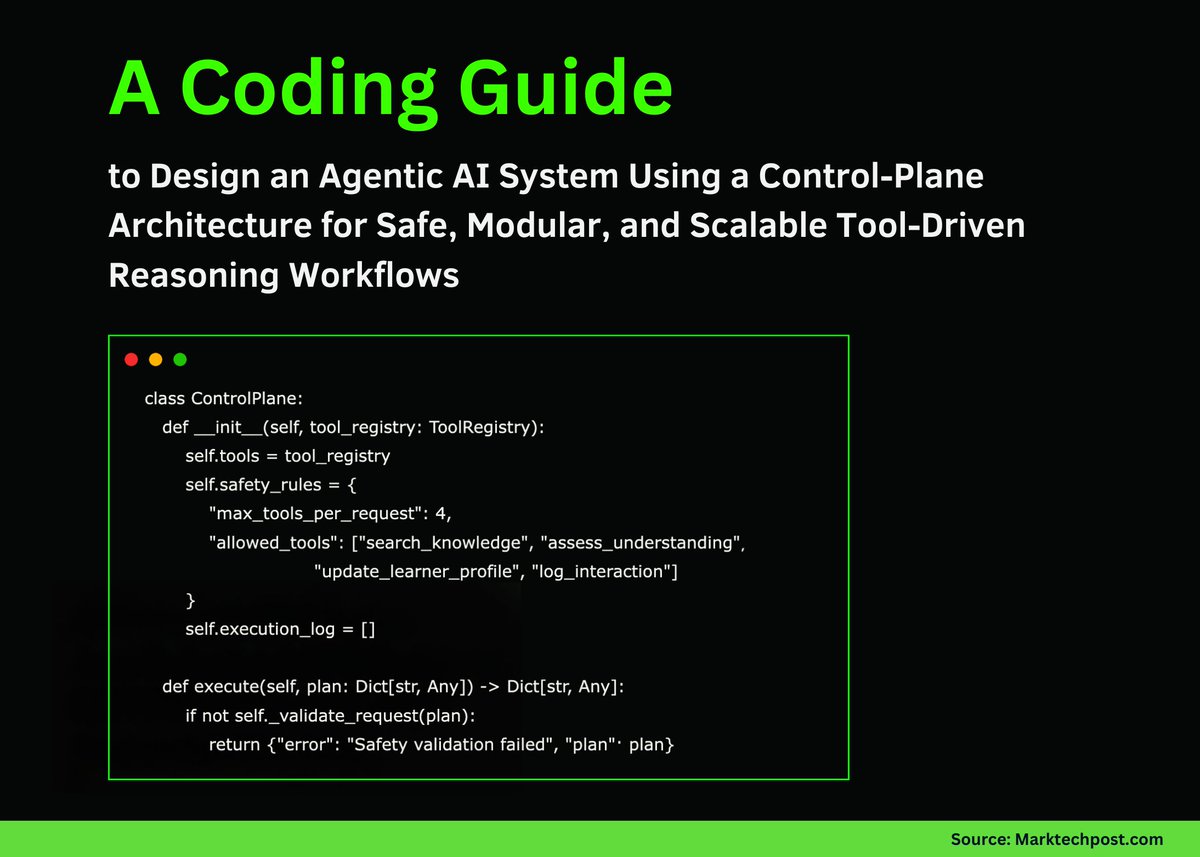 Marktechpost's tweet image. A Coding Guide to Design an Agentic AI System Using a Control-Plane Architecture for Safe, Modular, and Scalable Tool-Driven Reasoning Workflows

In this tutorial, we build an advanced Agentic AI using the control-plane design pattern, and we walk through each component step by…