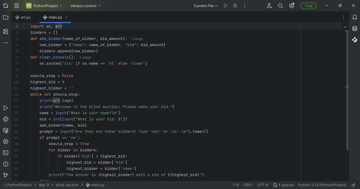 kojo_oforey's tweet image. day 9 of #100DaysOfCode
I built blind auction program in python.
In this program the program asks for the user to enter his or her name and bid from a prompt, stores the values in a dictionary which is stored in a list and asks the user again if there are any other bidders