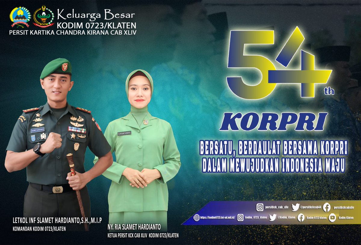 penramil02's tweet photo. Keluarga Besar
Kodim 0723 Klaten dan Persit Kartika Chandra Kirana Cab XLIV 
Mengucapkan
Dirgahayu Korpri ke 54

"Bersatu Berdaulat Bersama Korpri, Dalam mewujudkan Indonesia Maju" https://t.co/CUOmQBtp6p
