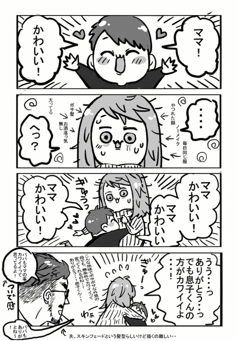 体調も徐々に回復してきたので、久しぶりにPC前に座ってお絵かきしてみた。
無条件で可愛いと言ってくれる息子くん漫画。 
