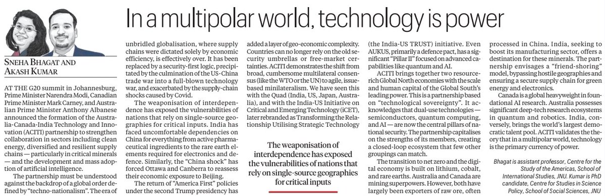 Rajmalhotrachd's tweet image. 7️⃣ Technology in a multipolar world – geoeconomics of power 🧠📡 #GS3 #GS2

* Core news 🌐 #TechPower #Geopolitics

  * Opinion argues “in a multipolar world, technology is power” – countries that control AI, semiconductors, quantum, cyber, space, data will shape rules and value…