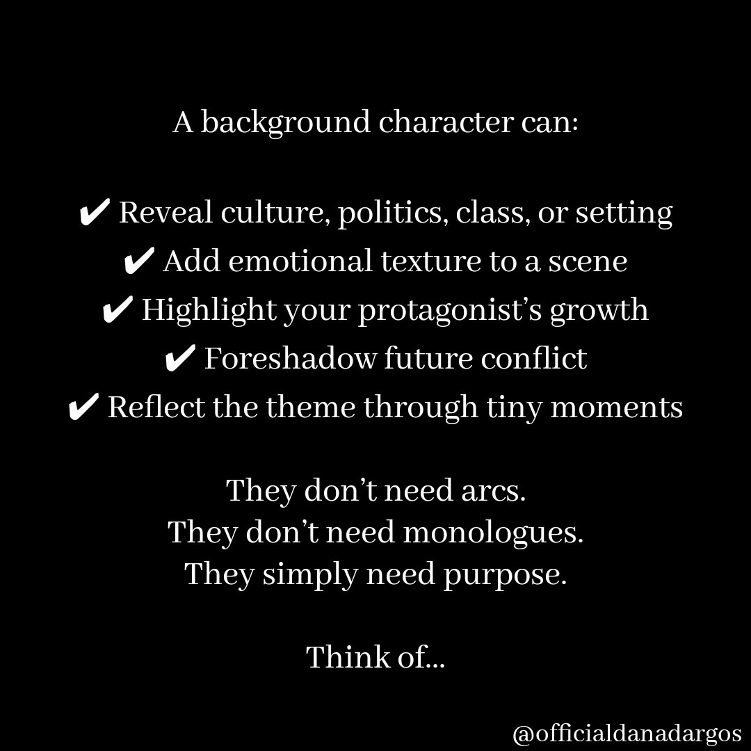 dana_dargos's tweet photo. What’s one small background character moment in your story that reveals something important?

👇 Describe it — even if it’s just one line.

.
.

#backgroundcharacters
#worldbuildingtips
#writingcraft
#writingcharacters
#writersonreels
#creativewritingtips
#storydetails
#writingcommunity
#writingdepth
#authortips
#writingreels
#fictionwritingtips
#amwritingfiction
#characterdevelopment
#storydynamics
#writertips
#writingmotivation
#novelwritinghelp
#storytools
#deepcharacters
#writersnetwork
#writingadvicehub
#bookwritingtips
#writersofinstagram
#writingcontent
#characterbuilding
#authorsofig
#plotdevelopment
#writermagic
#writingeducation