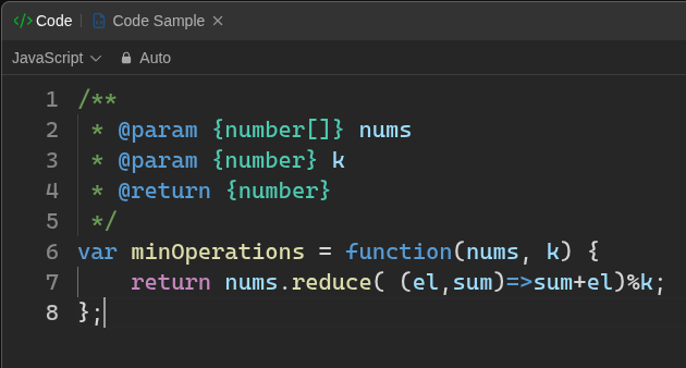 DevGod9's tweet image. #LeetCode 3512, simple find the sum, then the k remainder of the array sum, to easy. #JS #Array #Math