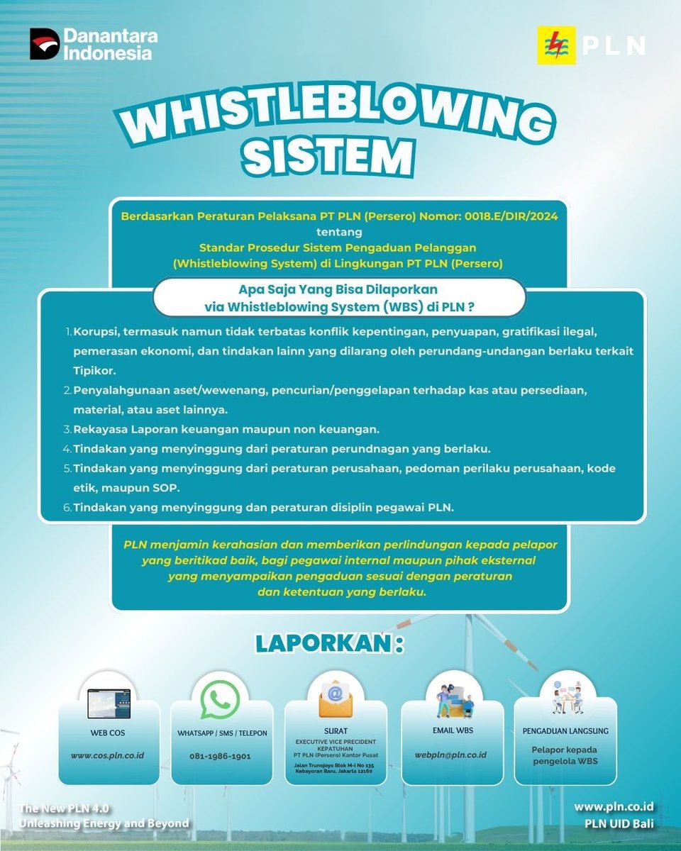 plnuidbali's tweet image. Laporkan dugaan pelanggaran melalui kanal resmi COS &amp;amp; WBS.
Integritas adalah energi kami untuk melayani negeri.

#IntegritasPLN #PLNBali #PLNUIDBali #WBSPLN #AntiGratifikasi #4NOs