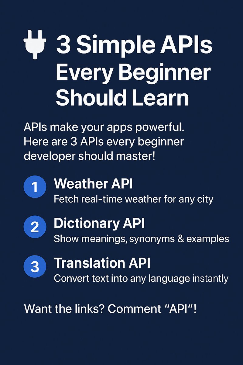 AfiaOld58450's tweet image. Here are 3 APIs every beginner developer should master:Weather API – Fetch real-time weather for any city Dictionary API – Want the links? Comment “API”! #API #AppDev #CodingForBeginners #LearnToCode #DevelopersJourney