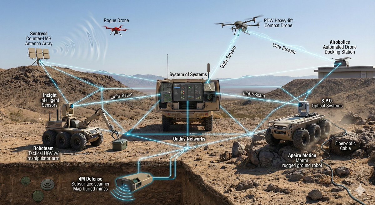 semivision_tw's tweet image. The future of warfare will be defined by signals — not steel.

This image captures the shift happening right now: autonomous ground robots, counter-drone arrays, optical links, fiber-connected sensors, and drone swarms all tied together through a real-time “system of systems.”…
