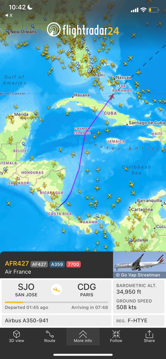 WilliamP80326's tweet image. Air France flight AFR427/AF427, San Jose, Costa Rica-Paris has squawked emergency code 7700 and is diverting, possible to Nassau. If you have any further information about this emergency, please comment below.
#AvGeek