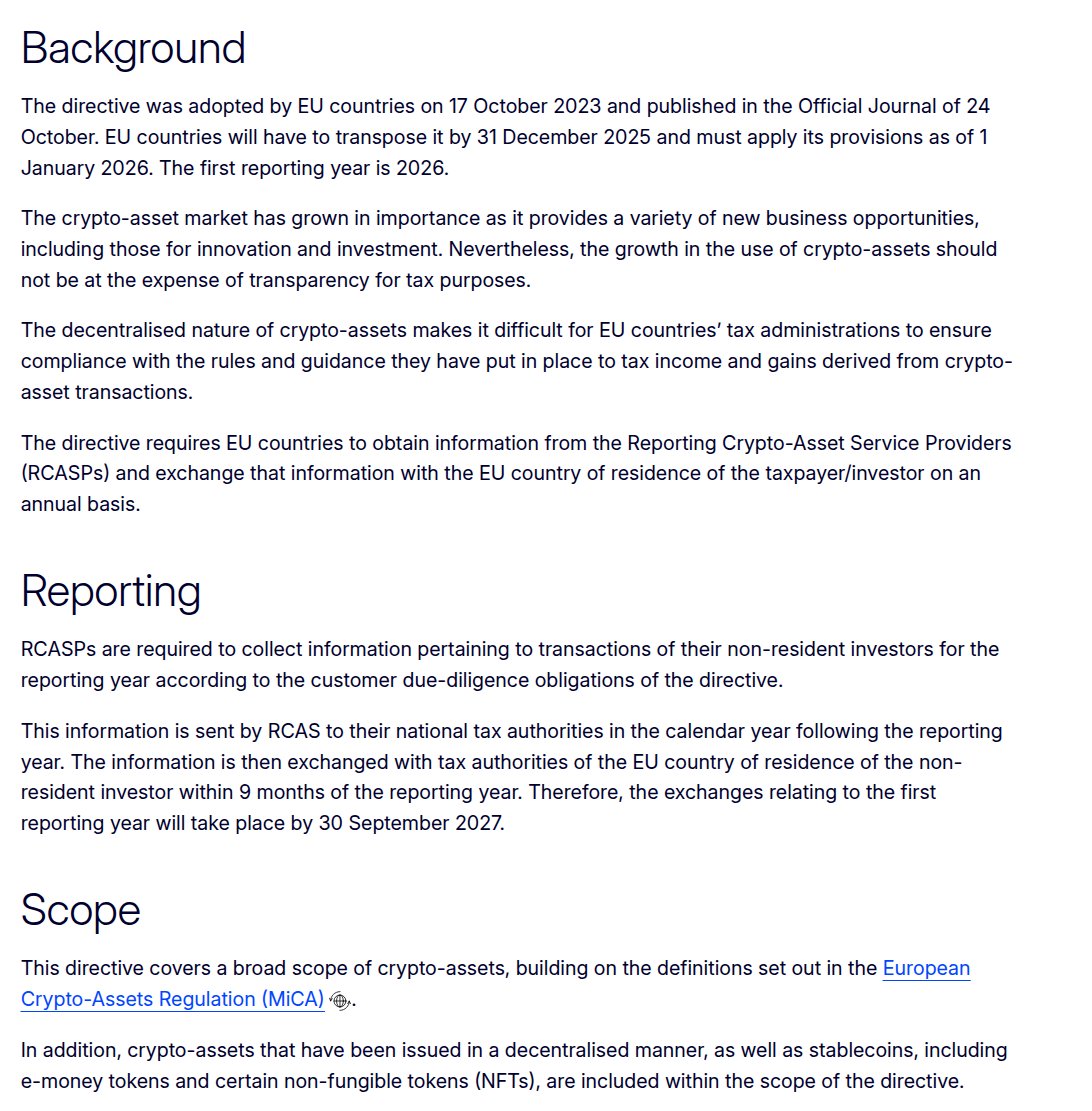 DAC8: New Crypto Regulations in The EU 🇪🇺 Starting 1 January 2026, the  eighth amendment for the Directive on Administrative Cooperation (DAC),  DAC8, will be applied, with first reports due in 2027