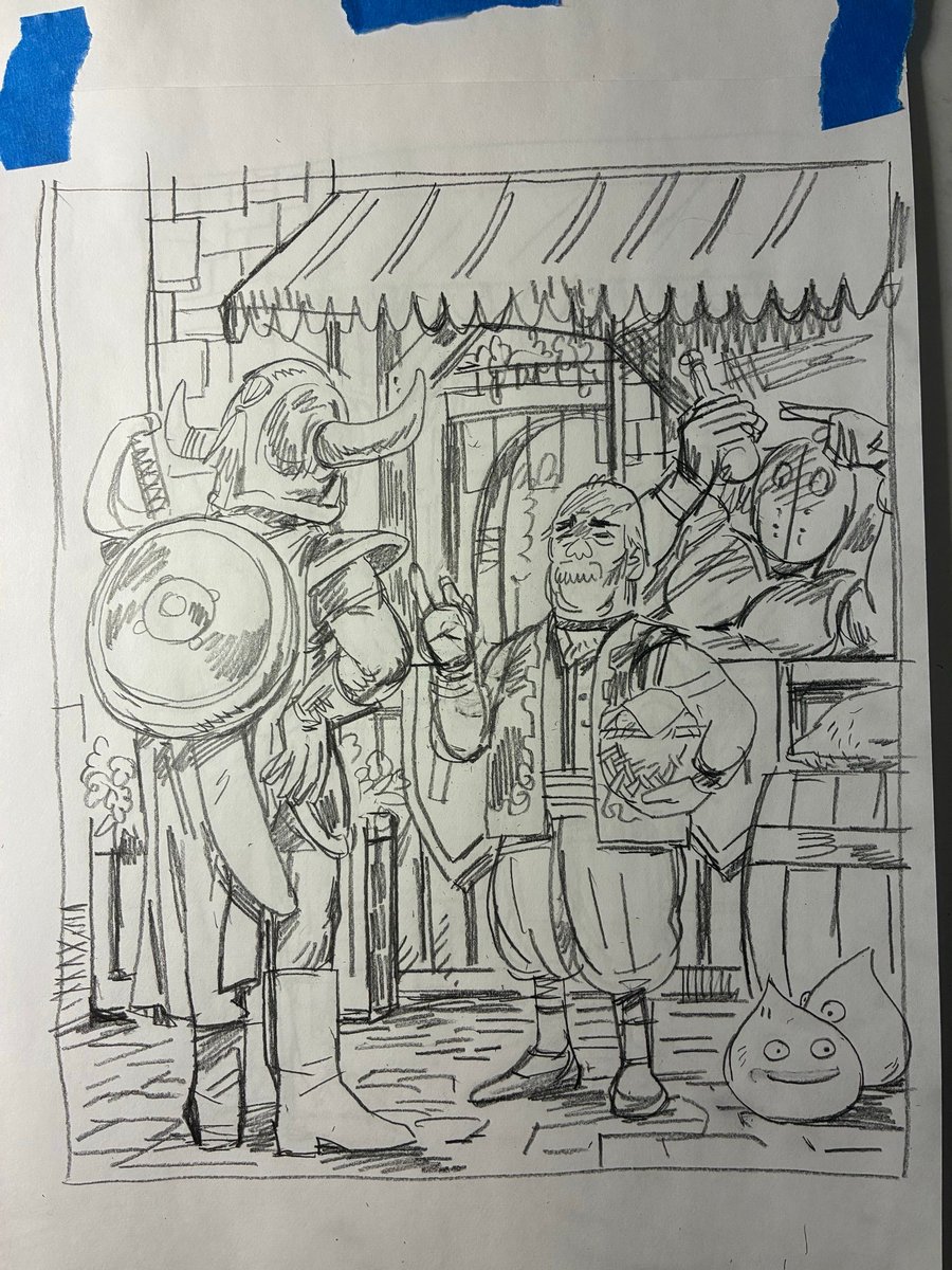 Dragon Quest doodle. Playing through the remake of DQ1 right now, and I love how many NPCs bring up how their great granpappy helped Erdrick way back when.  

“Erdrick had a party, why don’t you son? You ain’t got any  friends?”

  “Yer doing the whole quest solo? You dumb?”