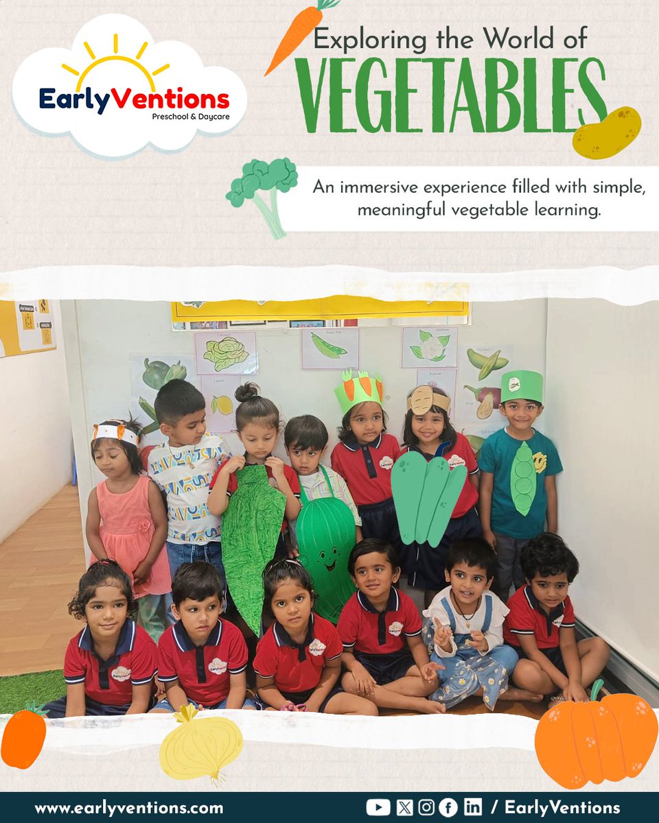 EarlyVentions's tweet photo. Our little learners explored the colourful world of vegetables through an engaging and imaginative activity. 

A delightful day of learning, creativity, and wholesome fun!
.
.
#PreschoolInBangalore #PremiumPreschool #JoyfulBeginnings #CorporateDaycare #EarlyYearsEducation #EV https://t.co/WSay9rjARh