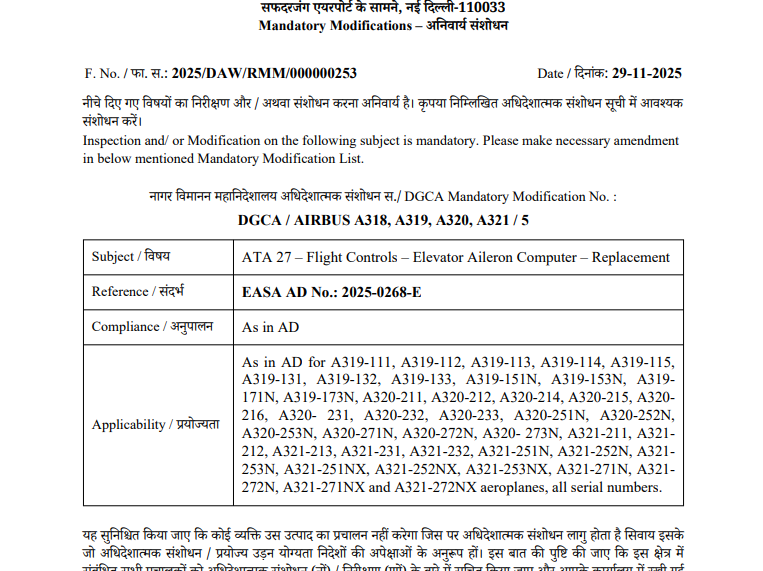 CNBCTV18Live's tweet image. #Inspection and/ or Modification of the following subject is #mandatory. Please make the necessary amendment in the below-mentioned Mandatory Modification List: Directorate General of Civil Aviation (#DGCA) to #airlines

#DGCA mandates modification of Elevator Aileron Computer