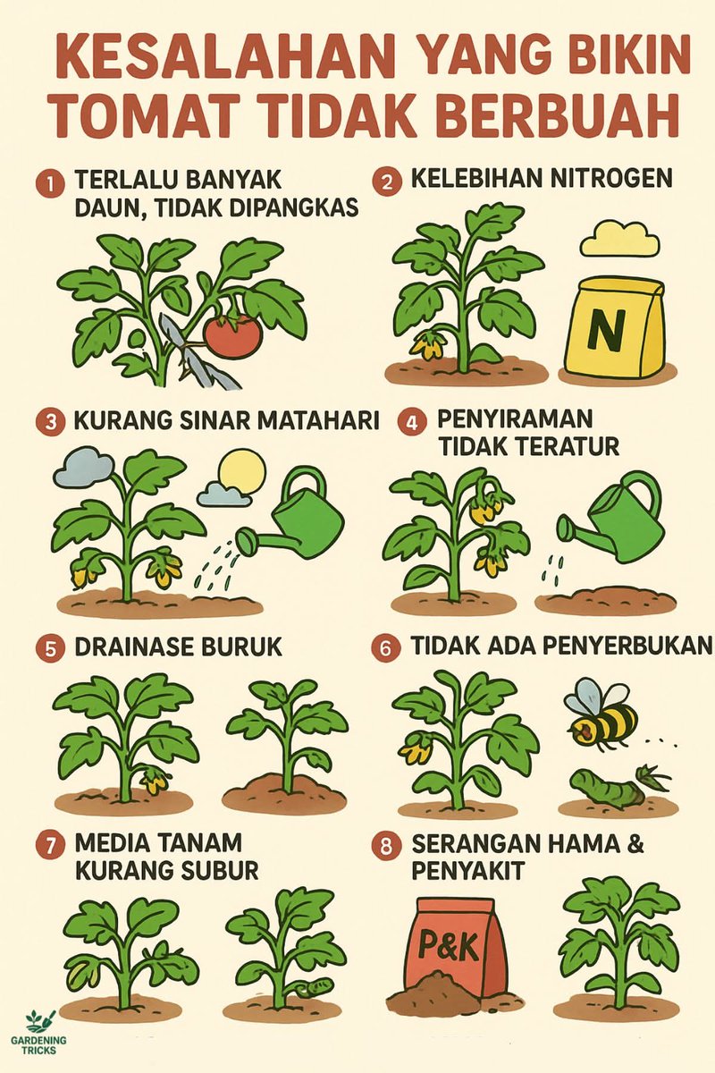 Excel_Dee's tweet image. Poin-poin pada gambar tersebut sesuai dengan faktor fisiologis yang mempengaruhi keberhasilan fase generatif tanaman tomat.
Bbrpa kesalahan yang paling sering menyebabkan tanaman tidak berbuah adlh :
Kanopi terlalu rimbun tanpa pemangkasan.
Pertumbuhan vegetatif yang berlebihan…