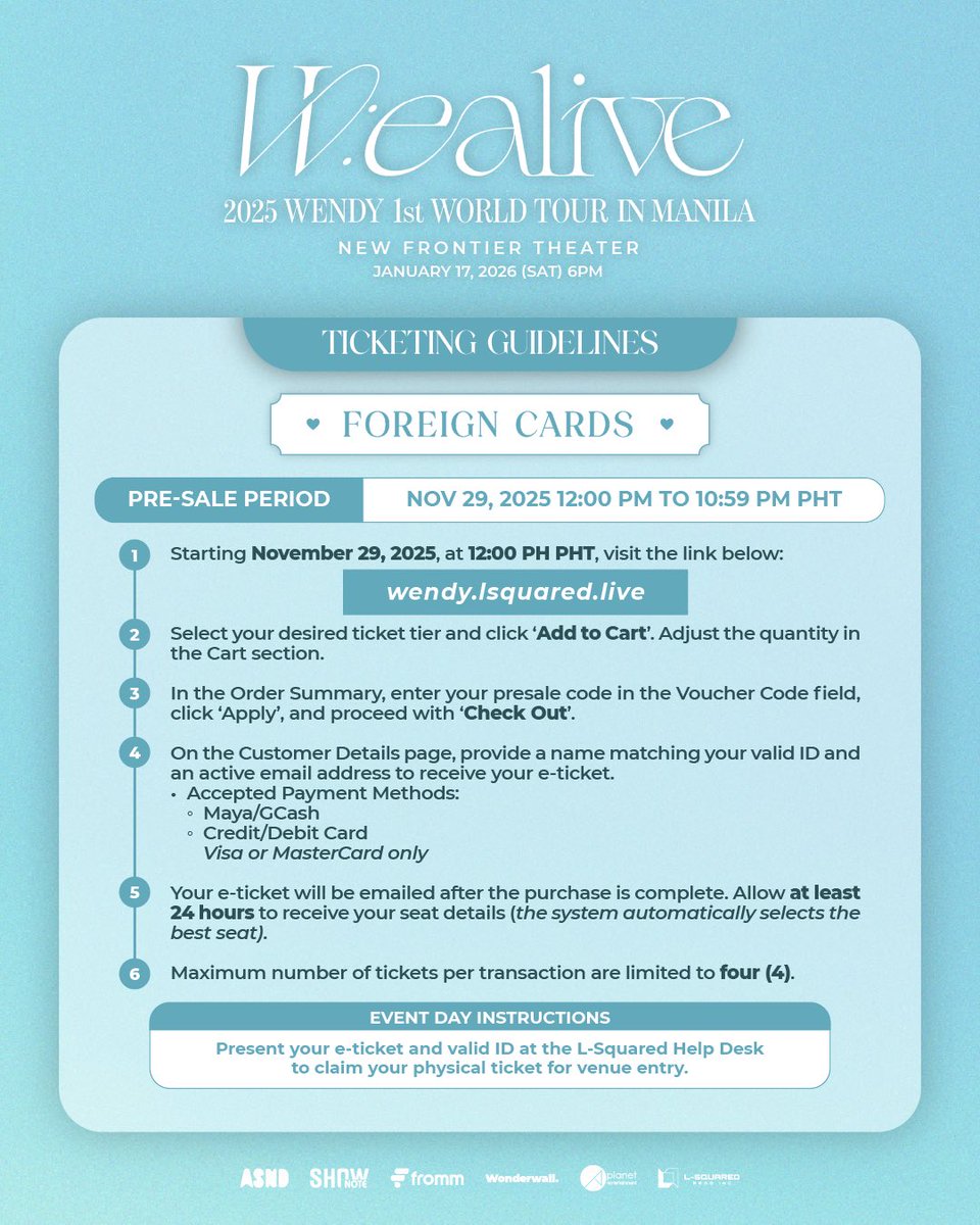 LSquaredProdPH's tweet image. 2025 WENDY 1st WORLD TOUR &amp;lt;W:EALIVE&amp;gt; IN MANILA

Pre-Sale access starts NOW! ⏳ Be among the first to step into Wendy’s world. 💫

📅 Pre-Sale: November 29, 2025 (12NN to 10:59PM)
📅 General on Sale: November 30, 2025 (12NN)

𝙇𝑶𝘾𝑨𝙇-𝙄𝑺𝙎𝑼𝙀𝑫 𝑪𝘼𝑹𝘿𝑺: 🔗…
