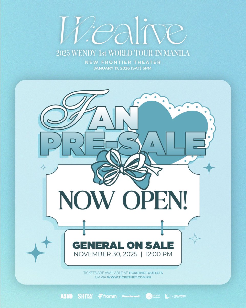 LSquaredProdPH's tweet image. 2025 WENDY 1st WORLD TOUR &amp;lt;W:EALIVE&amp;gt; IN MANILA

Pre-Sale access starts NOW! ⏳ Be among the first to step into Wendy’s world. 💫

📅 Pre-Sale: November 29, 2025 (12NN to 10:59PM)
📅 General on Sale: November 30, 2025 (12NN)

𝙇𝑶𝘾𝑨𝙇-𝙄𝑺𝙎𝑼𝙀𝑫 𝑪𝘼𝑹𝘿𝑺: 🔗…