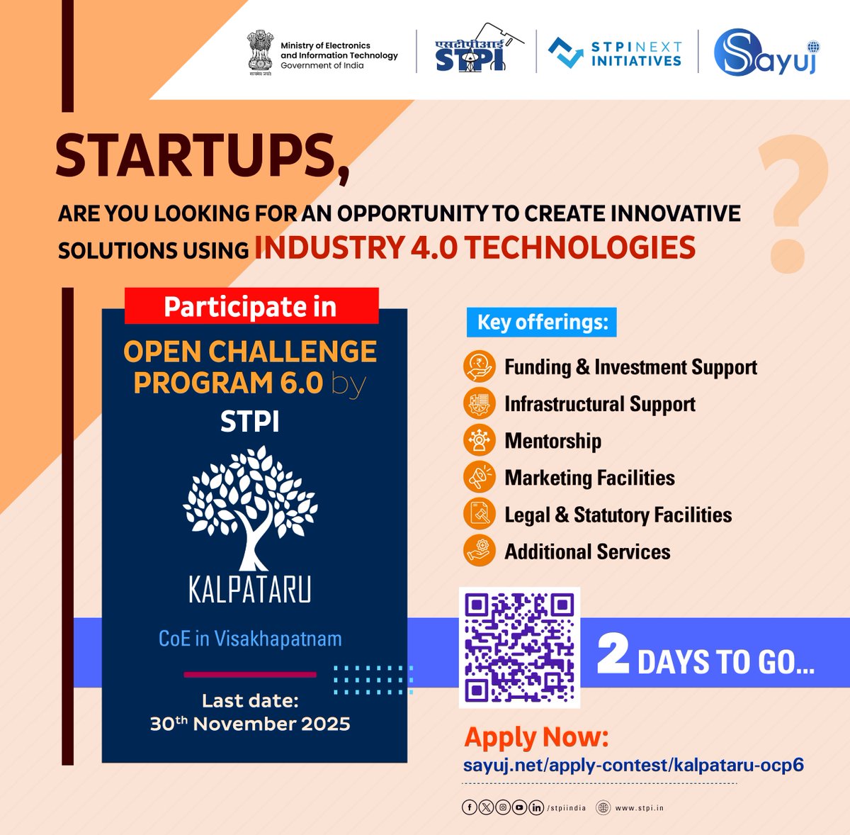 stpiindia's tweet image. ⏳ Only 2 days left—apply now and seize this opportunity to take your innovation to the next level!

Startups, got a game-changing solution in #Industry4.0 ? 🌟

Participate in STPI&apos;s Kalpataru CoE Open Challenge Program 6.0 and unlock access to:

🔑 Key Offerings:
* Funding &amp;amp;…