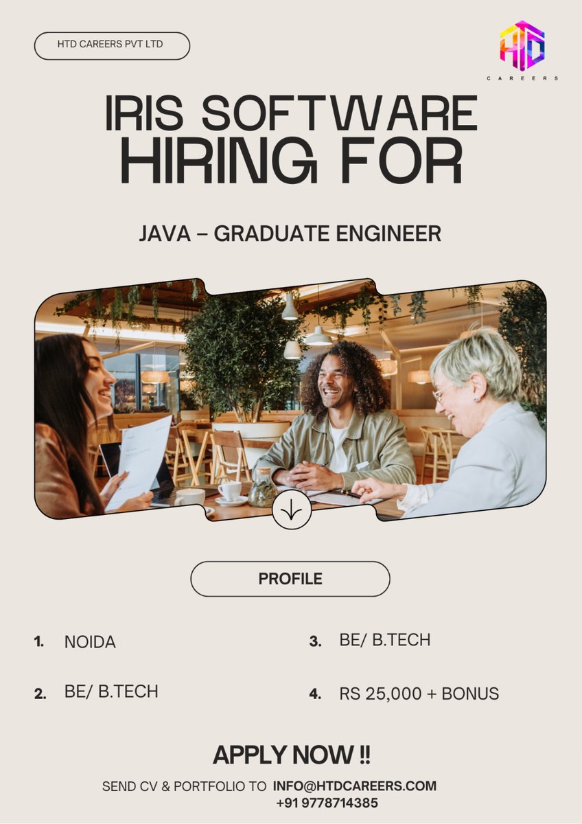 HtdCareers's tweet image. Step into the world of Java engineering with IRIS Software! ☕💼

Hashtags:
#IRISSoftware #JavaDeveloper #GraduateEngineer #TechCareers #NoidaJobs #BEJobs #BTechJobs #SoftwareJobs #FreshersHiring #HTDCareers #CareerOpportunity