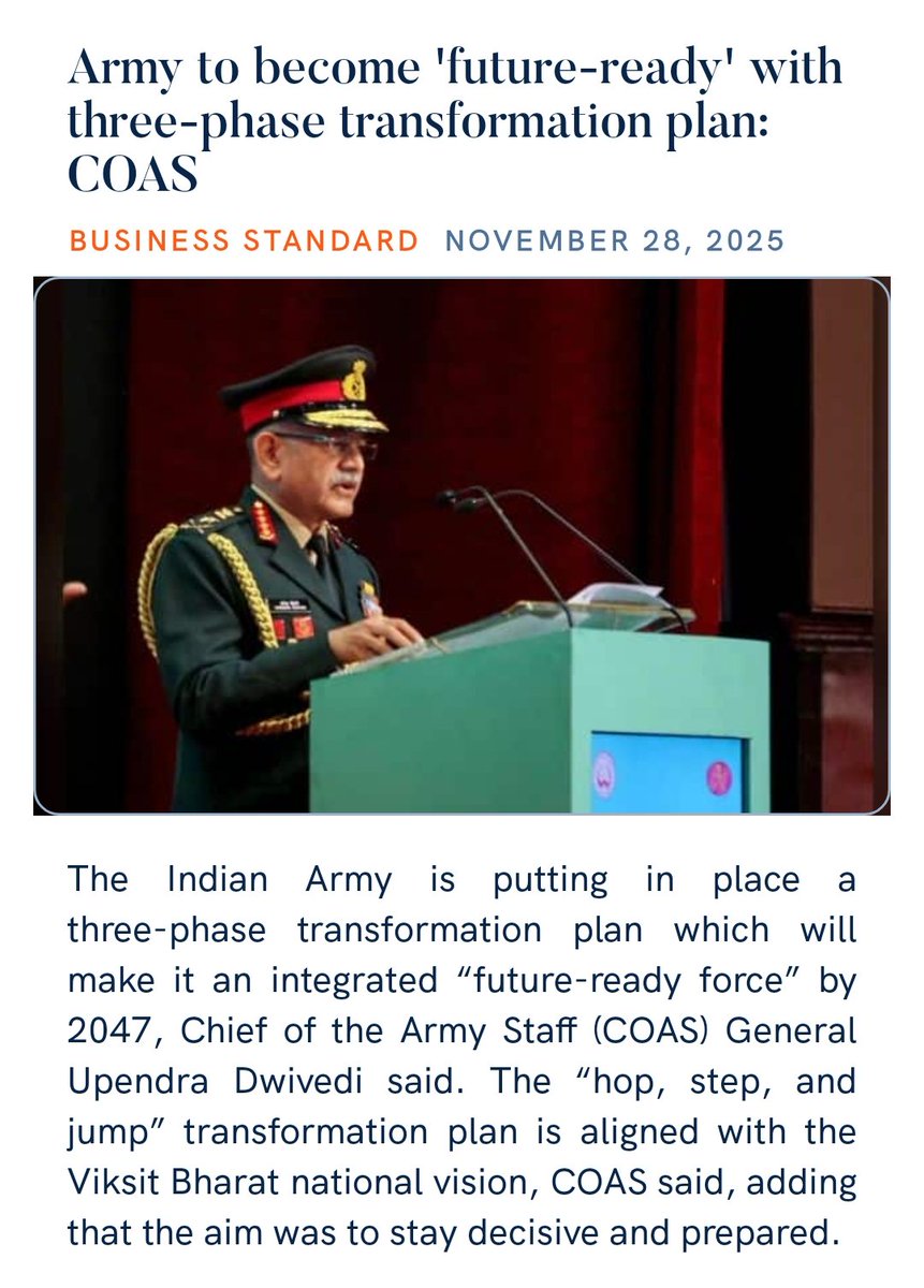 zahidpatka's tweet image. NATION FIRST 
#AmritKal
Army to become 'future-ready' with three-phase transformation plan: COAS
PM Shri @narendramodi ji’s 5S approach provides exactly that, a strategic guide rooted in respect, dialogue, cooperation, prosperity, and security
business-standard.com/external-affai…
@PMOIndia