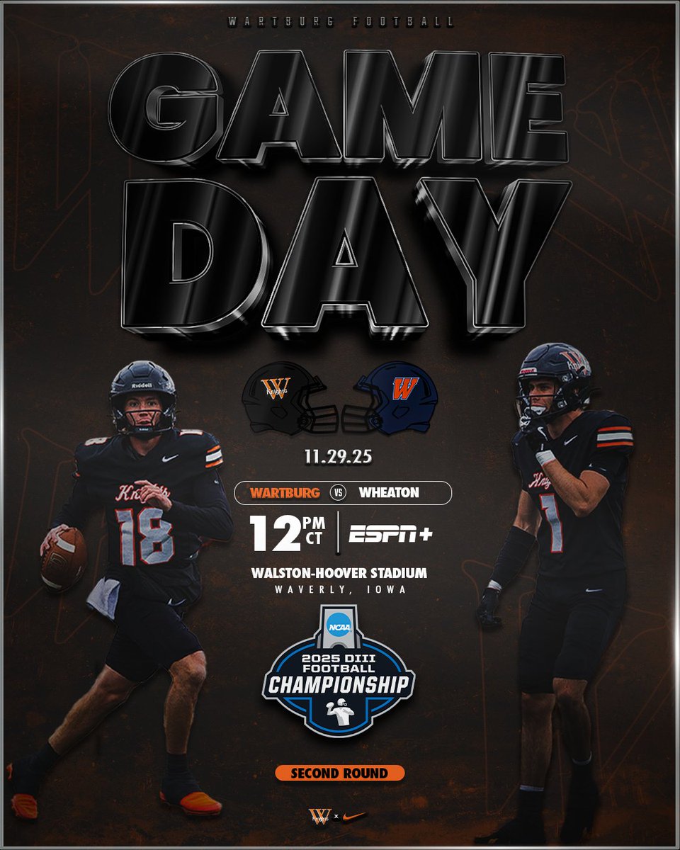 WartburgKnights's tweet photo. 𝐒𝐡𝐨𝐰 '𝐞𝐦 𝐰𝐡𝐚𝐭 𝓦𝐞 𝐝𝐨. 

🏆NCAA Playoffs - Second Round
🆚Wheaton
🏟️Walston-Hoover Stadium
📍Waverly, Iowa
⏰12 PM
📻https://t.co/tLKo14IZMg
📊https://t.co/6KvdZ3Nfd1
📺https://t.co/ZWX0d5qCo2

#GoKnights x @WartburgFB https://t.co/kqdzMpct67