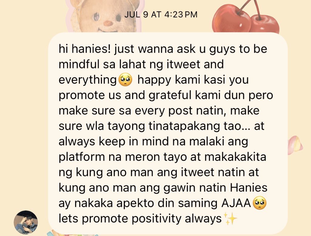 this is jc who sent us a reminder months back then to be mindful of posts that may spark fanwars as he is a firm believer that any form of harmful discussions will be reflected on them as a group. jc and ajaa will never be ones to participate in such takes online