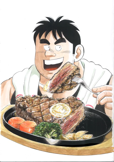 今週の解体屋ゲン。週漫が合併号のため休みです。なので解体屋のグルメ。今日はいい肉の日だそうなのでステーキ載せてみました! #解体屋ゲン