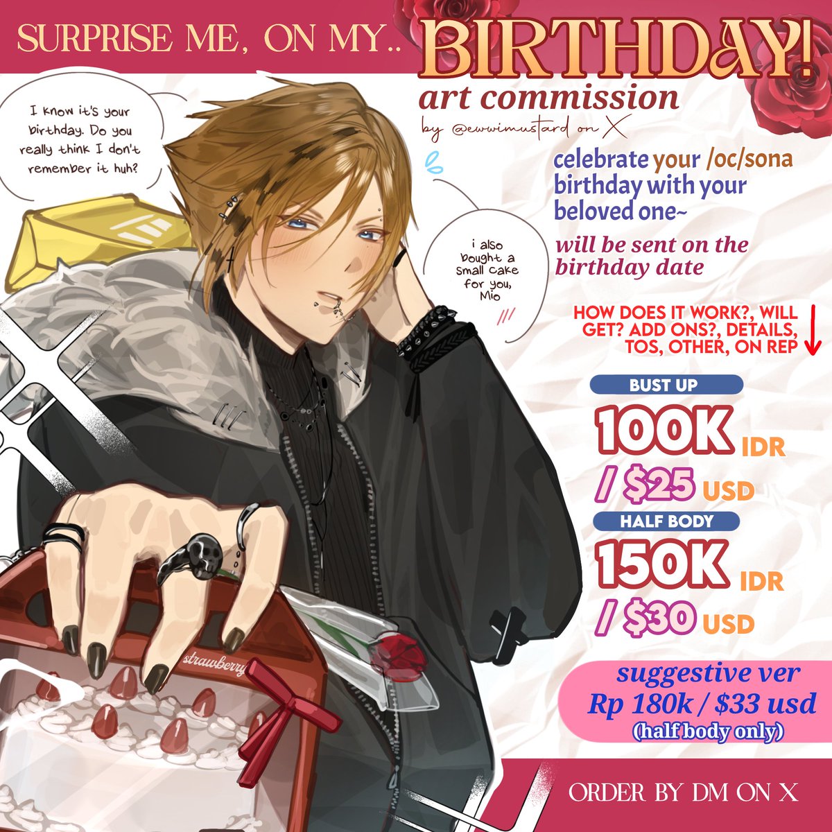 ewwimustard's tweet image. !♡︎ and ⟳ are very appreciated!💕

🎂Surprise Me, on my "Birthday" Themed 
ART COMMISSION OPEN! ☆ Omakase
by @ewwimustard, 💳 all e-wallet, QRIS &amp;amp; PayPal. DM if you're intrested📩

⬇️ Information &amp;amp; slots update bellow🎉
#ArtCommission #commissionopen